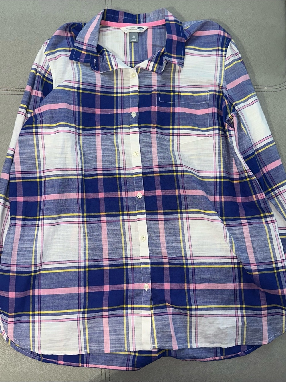 Old Navy Girls Plaid Button-Up Pajama Top - Navy, Pink & White